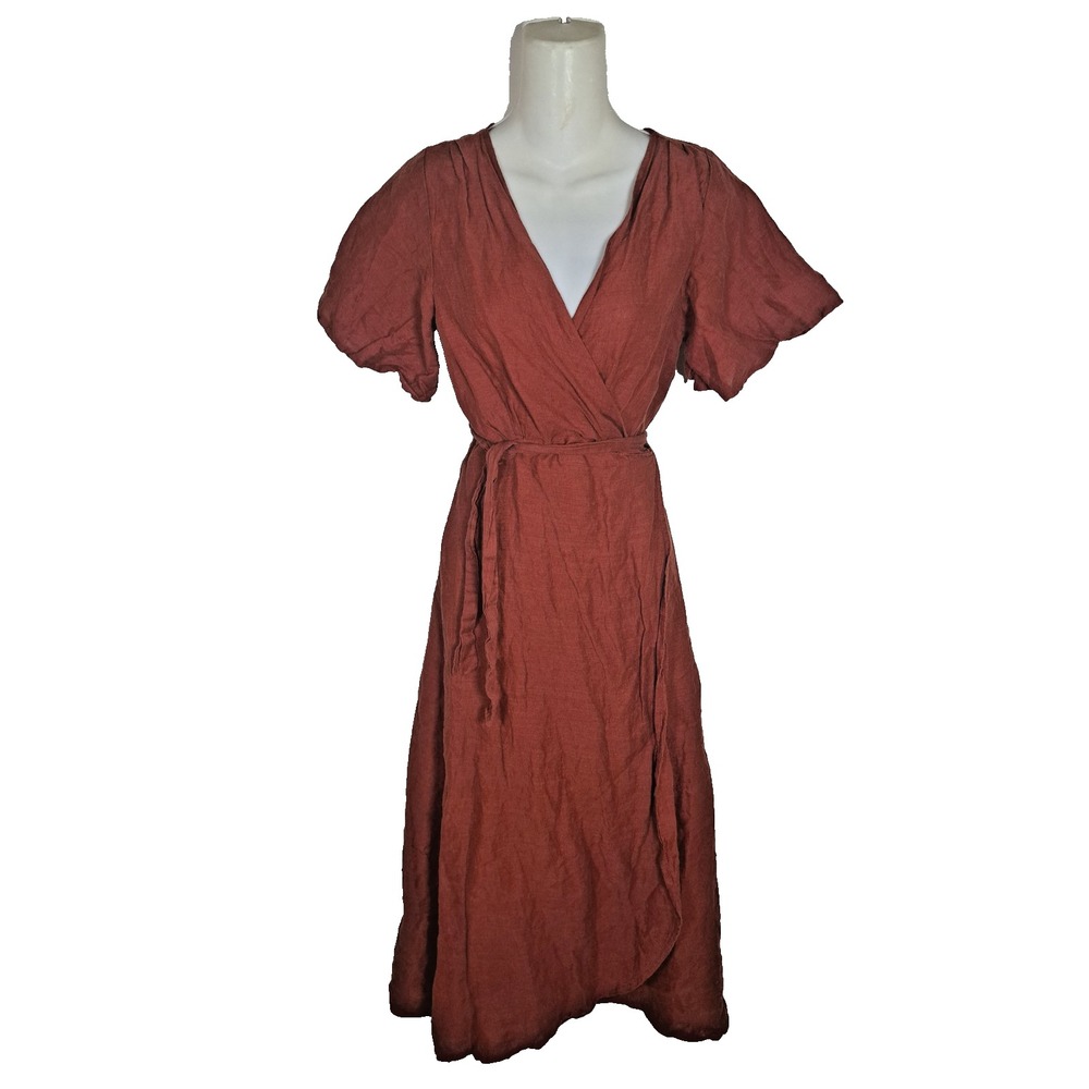 Linen Wrap Midi Dress in Rust Red